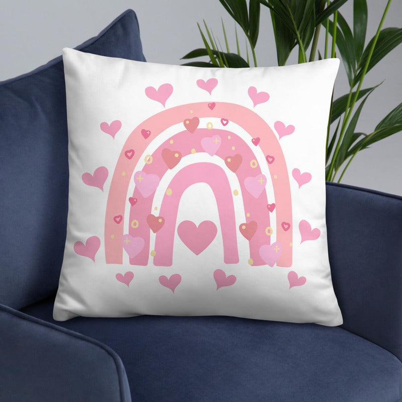 Throw Pillow - Rainbow In Pink With Hearts - Rozlar