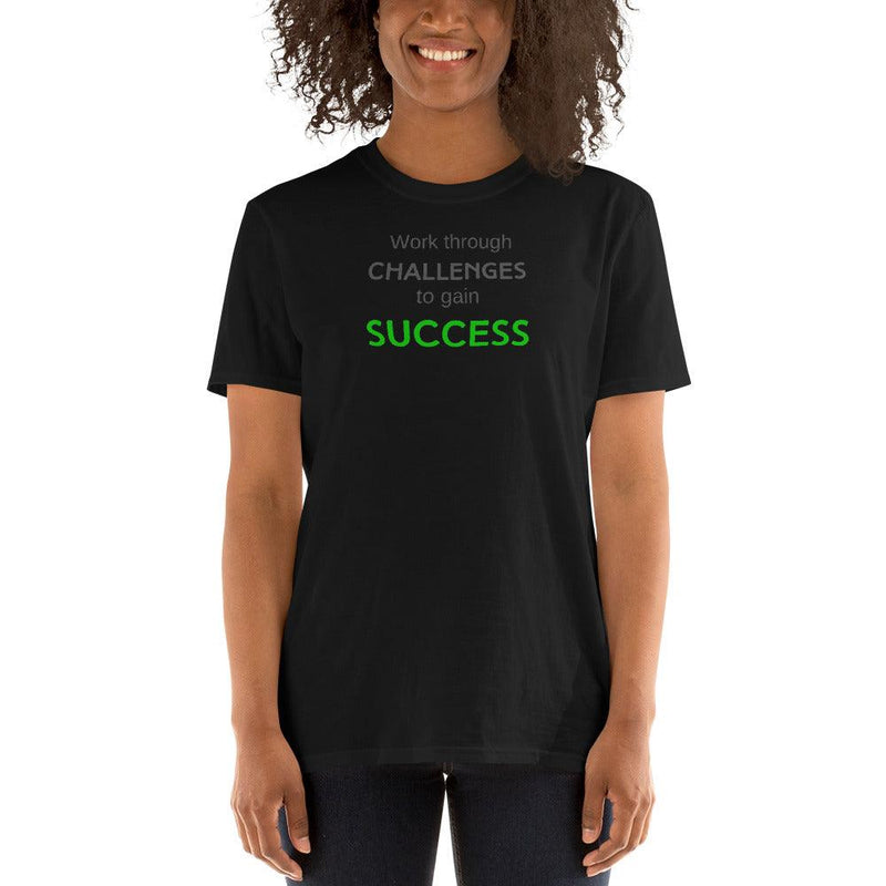 T-Shirt - Work Through Challenges To Gain Success in grey and green text - Rozlar