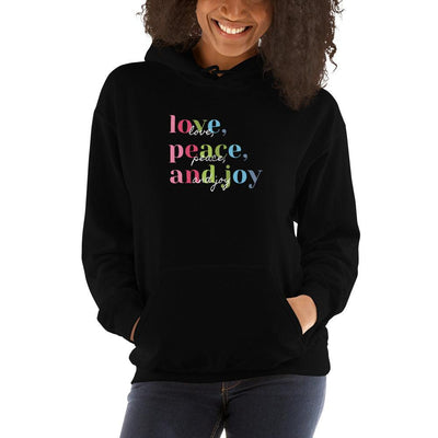 Hoodie - Love, Peace, and Joy in color with white writing overlay - Rozlar