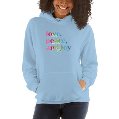 Hoodie - Love, Peace, and Joy in color with white writing overlay - Rozlar