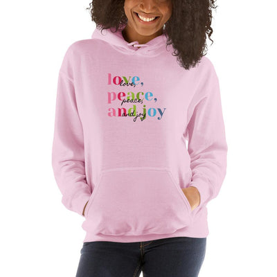 Hoodie - Love, Peace, and Joy in color with black writing overlay - Rozlar