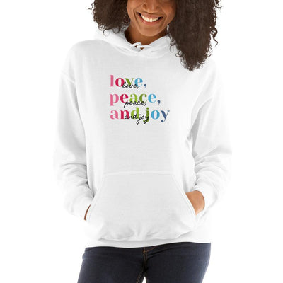 Hoodie - Love, Peace, and Joy in color with black writing overlay - Rozlar