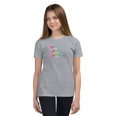 Youth T-Shirt - Love, Peace and Joy in color with white writing overlay - Rozlar