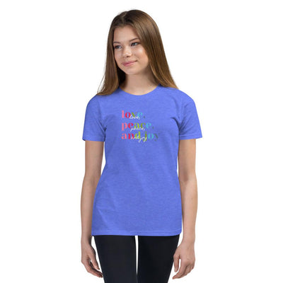 Youth T-Shirt - Love, Peace and Joy in color with white writing overlay - Rozlar