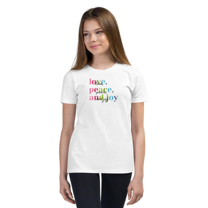 Youth T-Shirt - Love, Peace and Joy in color with black writing overlay - Rozlar